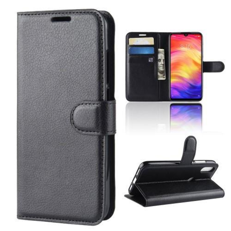 Állvány PU bőr pénztárca tok Xiaomi Redmi Note 7-hez - fekete