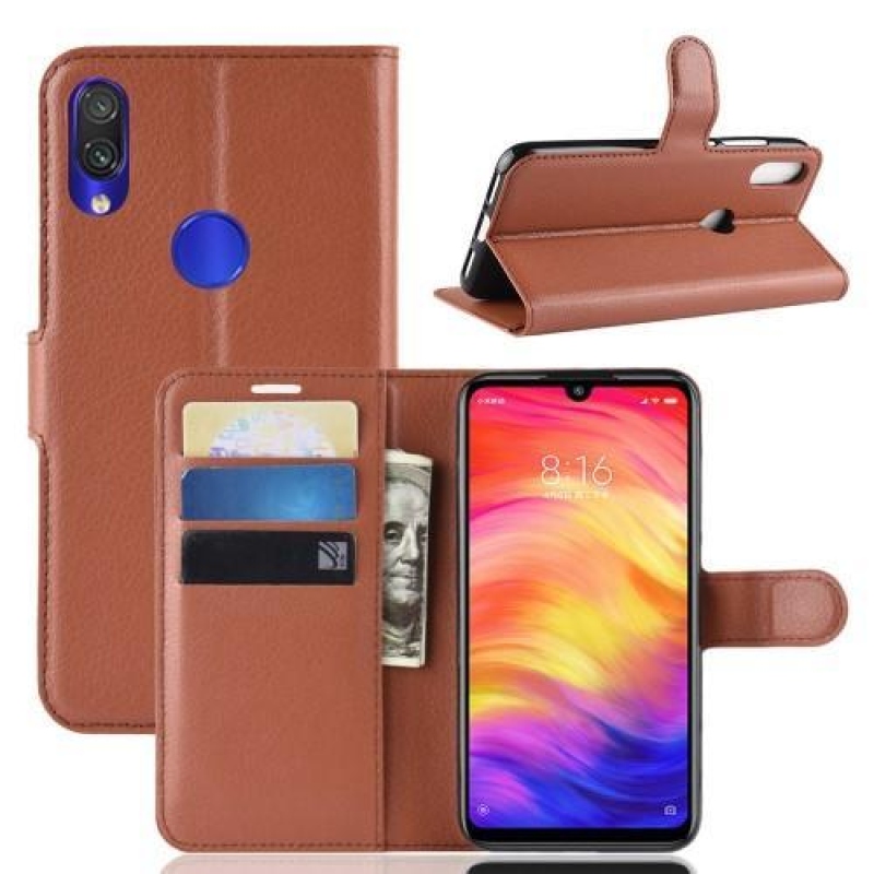 Állvány PU bőr pénztárca tok Xiaomi Redmi Note 7-hez - barna