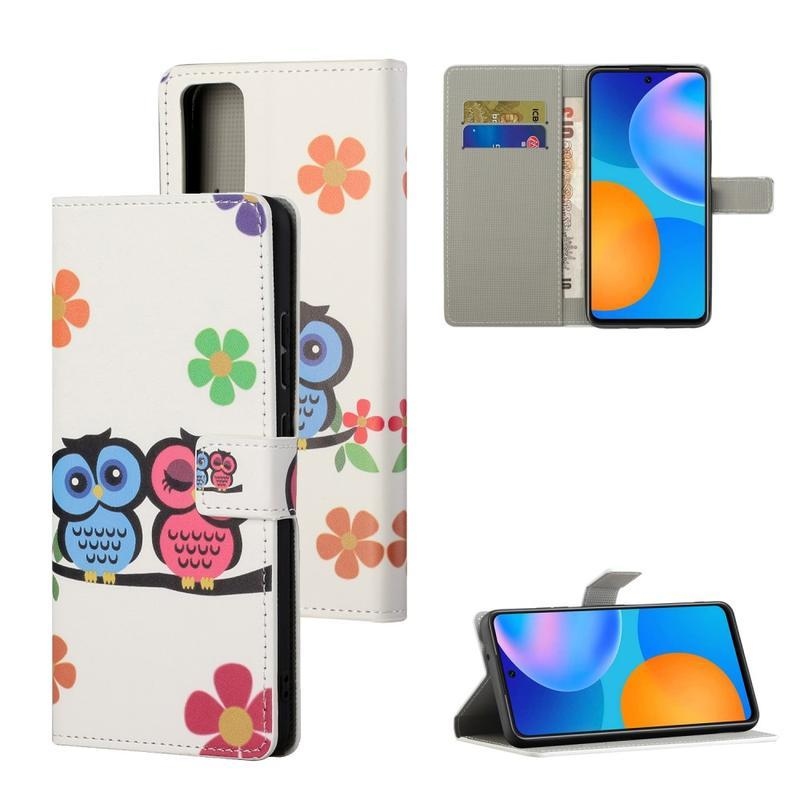 Állvány PU bőr pénztárca tok a Honor 10X Lite-hoz - baglyok párja