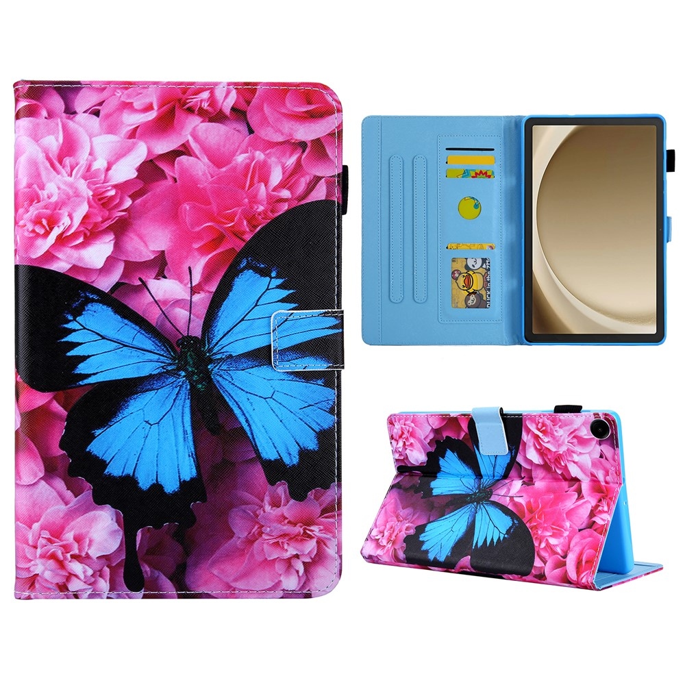 Stílusos, okos záró tok Samsung Galaxy Tab A11+/Tab A9+ - kék pillangó és gerbera