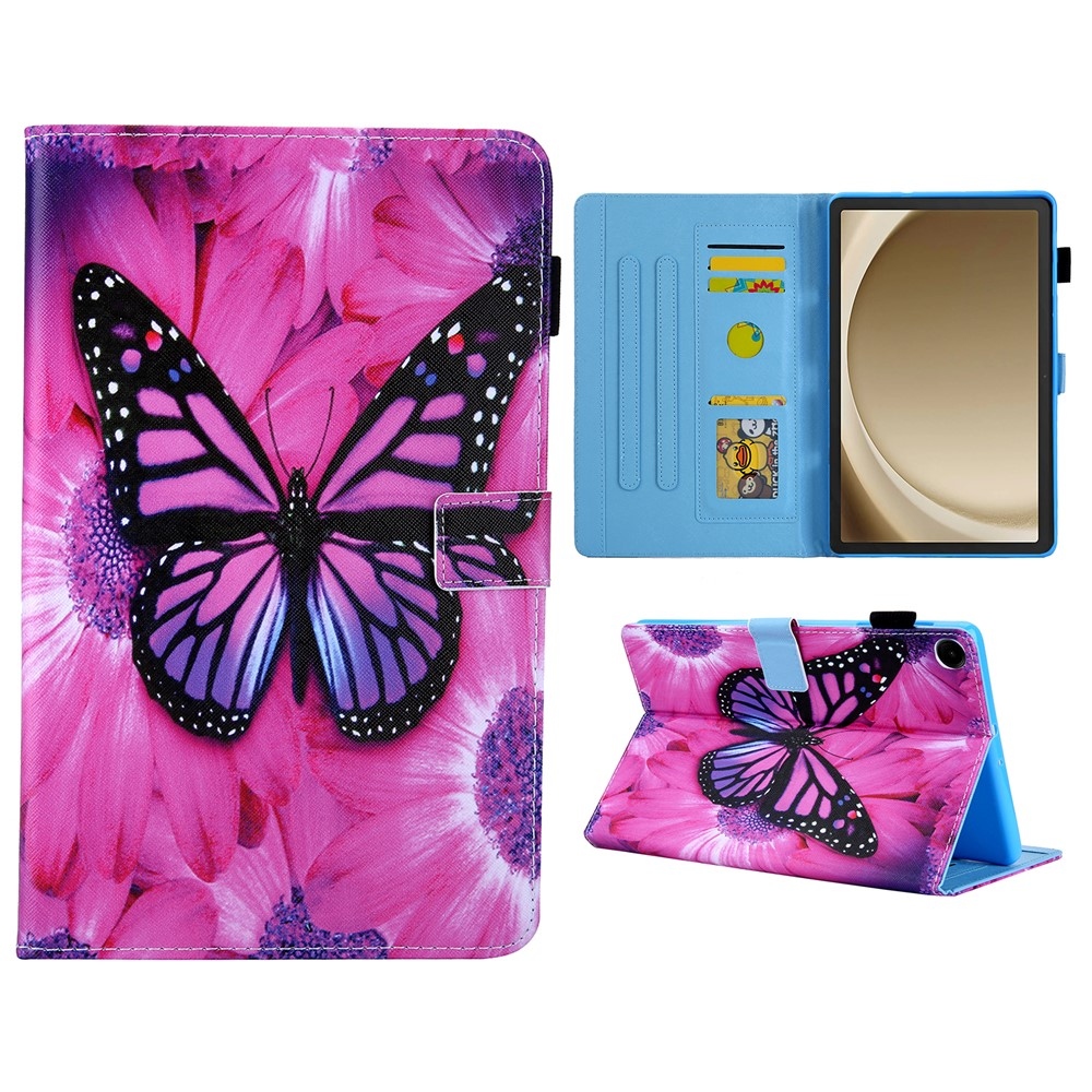 Elegáns, intelligens záró tok Samsung Galaxy Tab A11+/Tab A9+ készülékhez - rózsaszín pillangó és gerbera