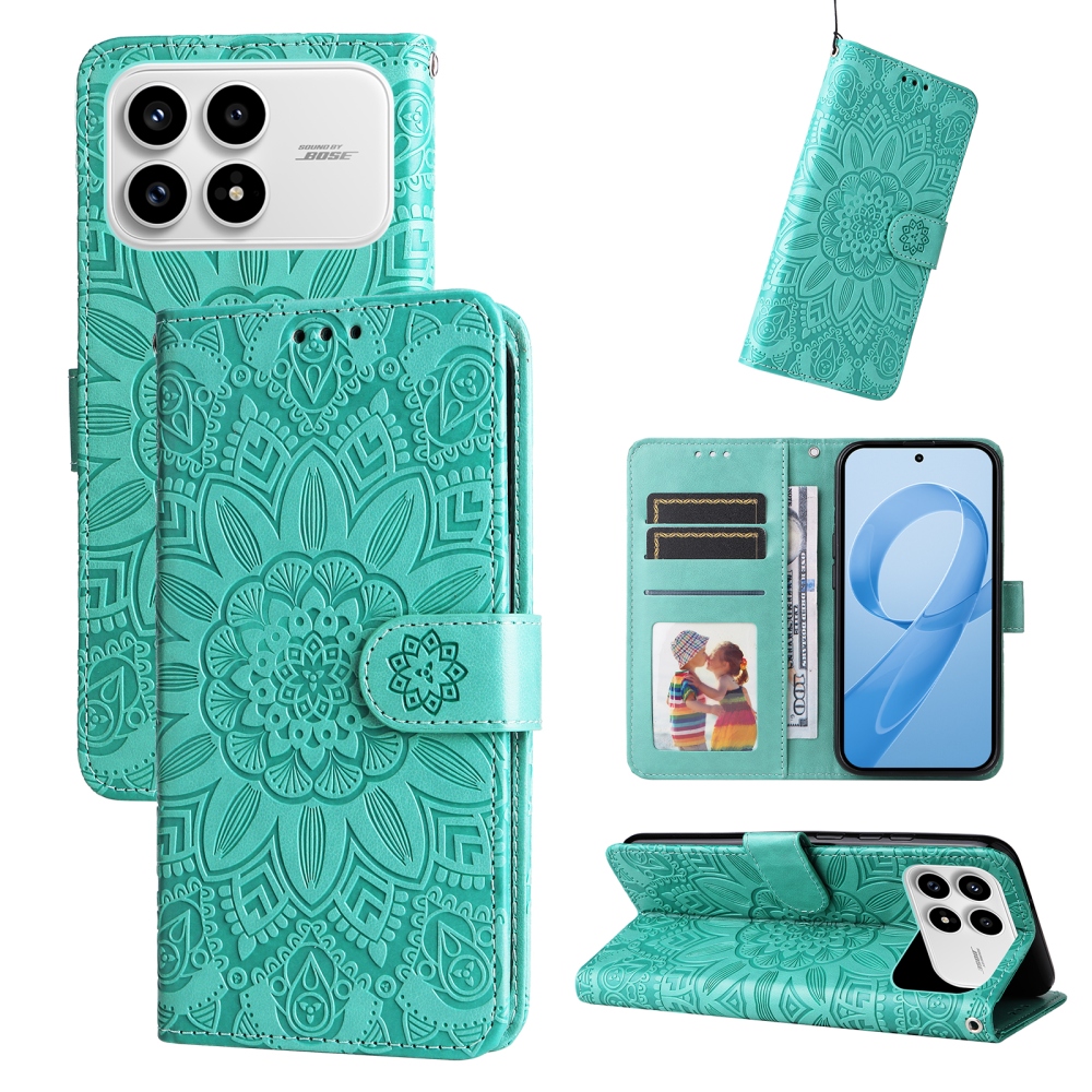 Napraforgó könyv tok a Xiaomi Poco F8 Pro 5G-hez - teáskék színű