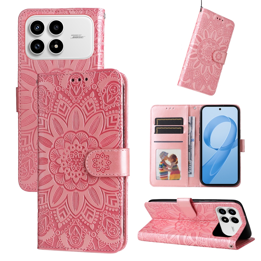 Napraforgó könyv tok a Xiaomi Poco F8 Pro 5G-hez - rózsaszínű