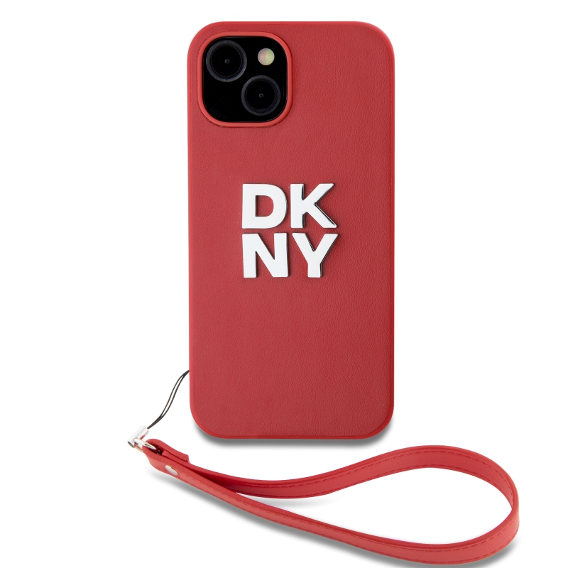 DKNY PU bőr Stack Logo csuklópánt hátlapi borító iPhone 13-hoz Piros