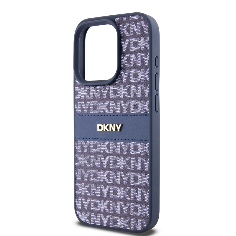 DKNY PU bőr ismétlődő mintás tonális csíkos hátlapi borító iPhone 14 Pro kékhez