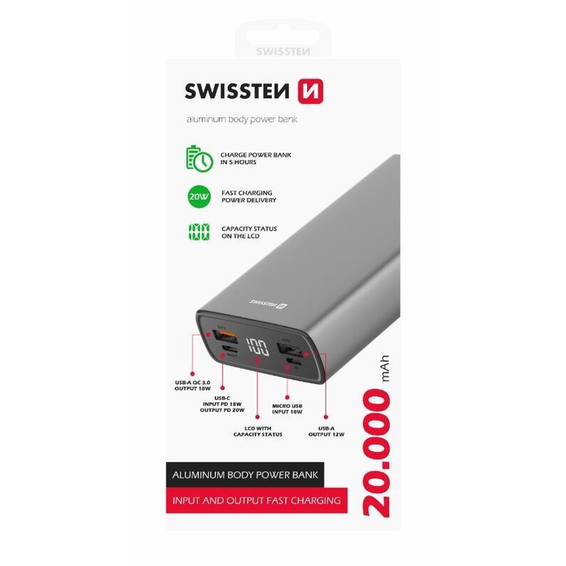 Swissten alumínium Powerbank 20000 mAh 20W - szürke