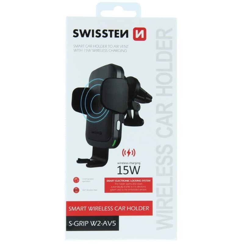 Swissten S-GRIP W2-AV5 intelligens ventilátortartó vezeték nélküli töltéssel 15W - Fekete