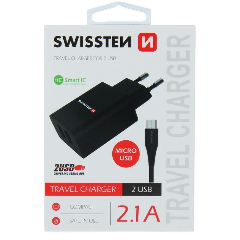 Swissten hálózati adapter, 2x USB, 2.1A + micro USB kábel 1.2m - fekete