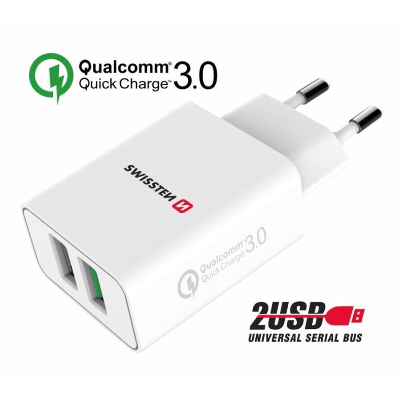 Swissten hálózati adapter 2x USB QC 3.0 + USB, 23W - fehér