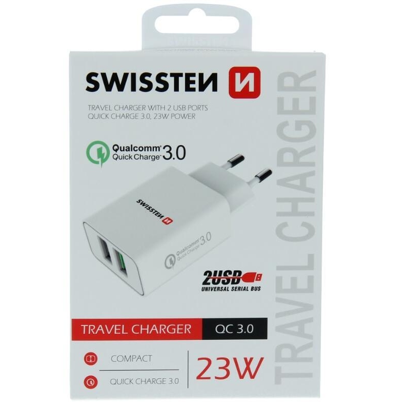 Swissten hálózati adapter 2x USB QC 3.0 + USB, 23W - fehér