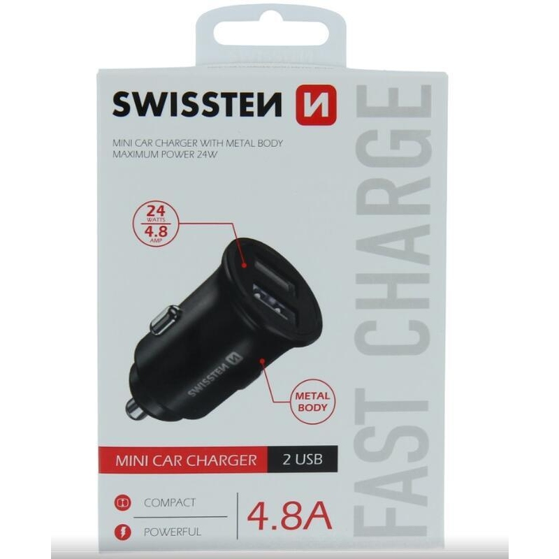 Swissten hálózati adapter autóhoz, 2x USB, 4,8A - fekete