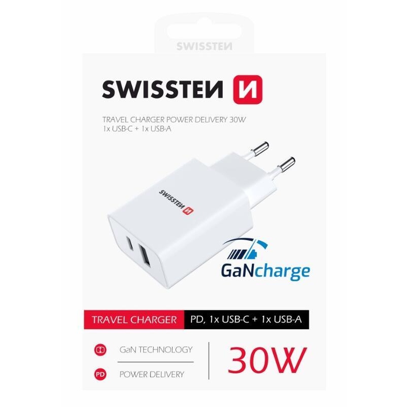 Swissten GaN hálózati adapter 1x USB-C + 1x USB 30W - fehér