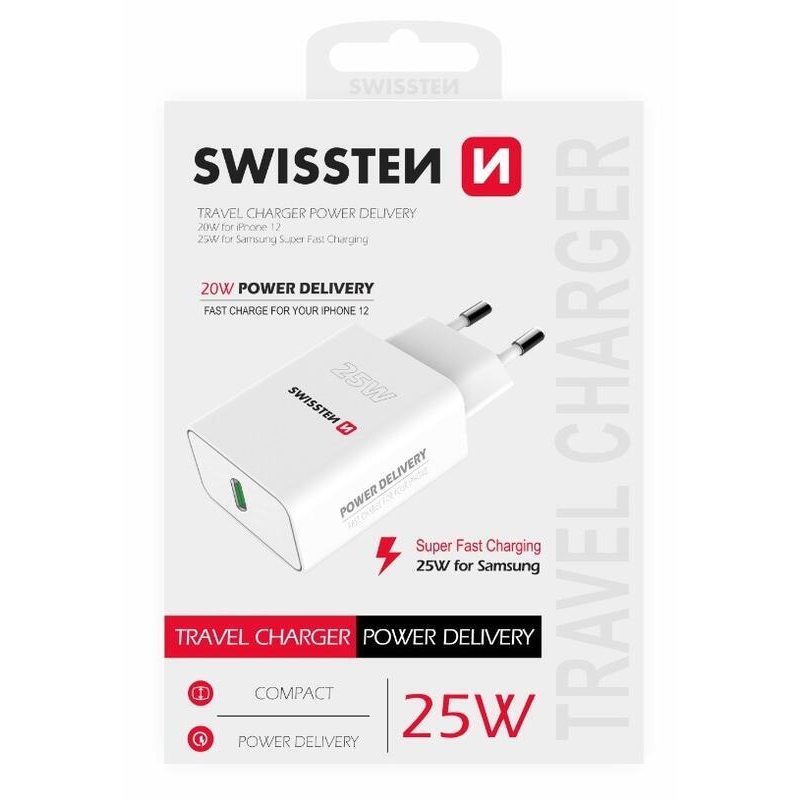 Swissten hálózati adapter PD 25W iPhone és Samsung készülékhez - Fehér színben