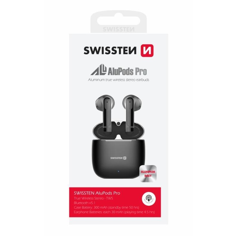 Swissten TWS ALUPODS PRO Bluetooth fejhallgató - fekete