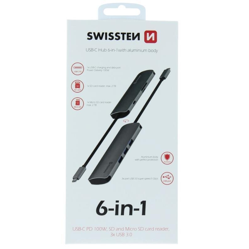 Swissten USB-C HUB 6in1 (USB-C PD, 3x USB 3.0, SD, MICRO SD) - Alumínium