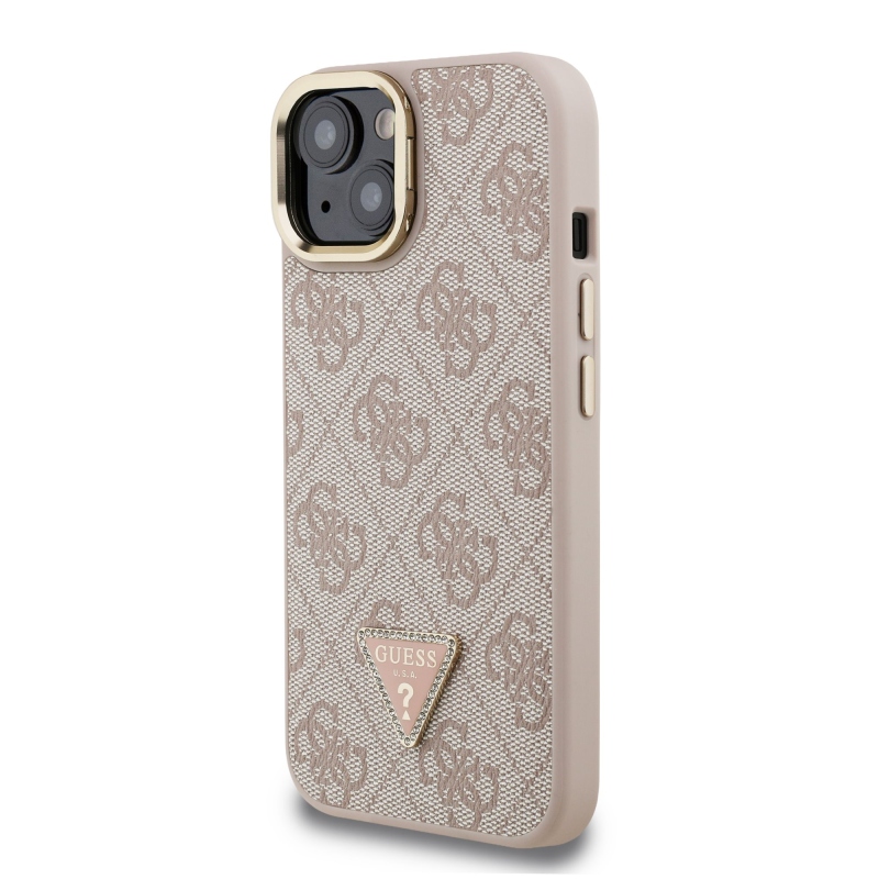 Guess PU 4G Strass háromszög logó állvány kamerakeret MagSafe hátlapi borító iPhone 15 rózsaszínhez