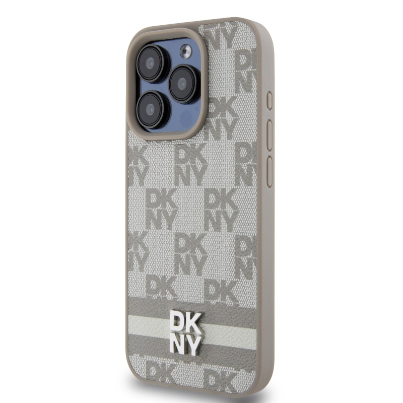 DKNY PU bőr kockás mintás és csíkos hátlapi borító iPhone 13 Pro bézs színű készülékhez