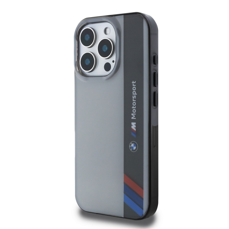 BMW IML Motorsport függőleges csíkos hátlap iPhone 16 Pro Max készülékhez Szürke