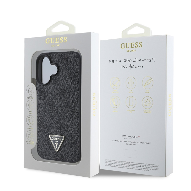 Guess PU 4G Strass háromszög fém logó hátlap iPhone 16-hoz Fekete