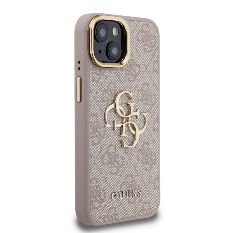 Guess PU 4G fém logó állvány kamera keret hátlap iPhone 15 rózsaszín