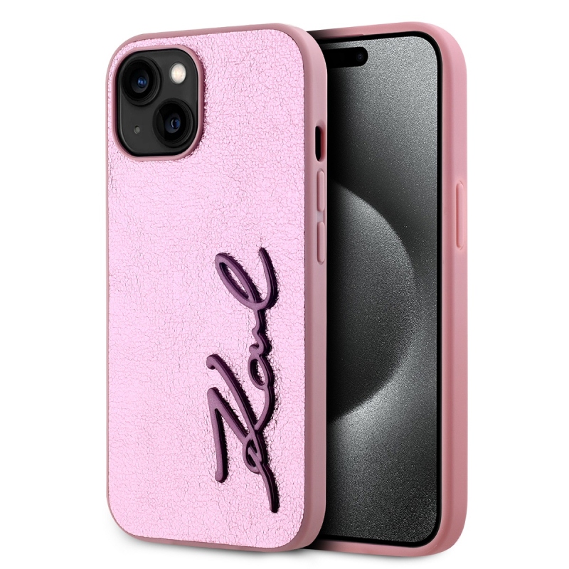 Karl Lagerfeld gyűrött PU aláírás logós hátlap iPhone 15 rózsaszínű készülékhez