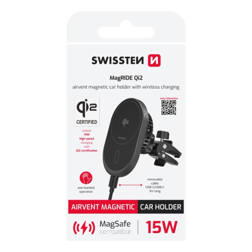Swissten Magride mágneses szellőzőtartó QI2 15W vezeték nélküli töltéssel (kompatibilis a magsafe-rel)
