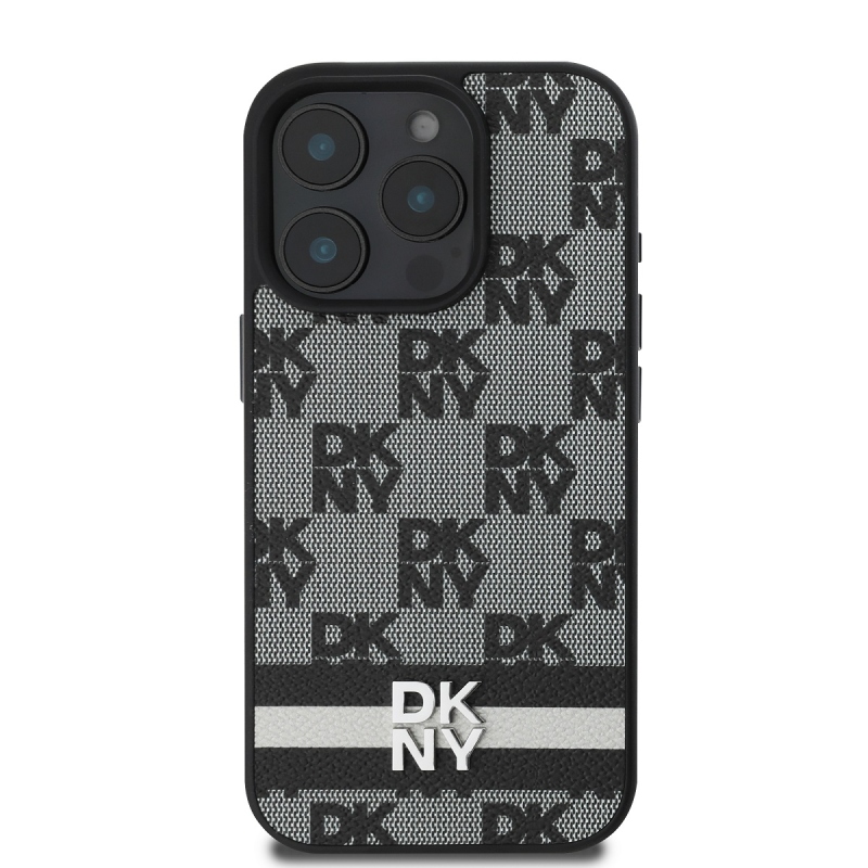 DKNY PU bőrből készült kockás mintás és csíkos hátlapi borító iPhone 16 Pro Max-hoz Fekete