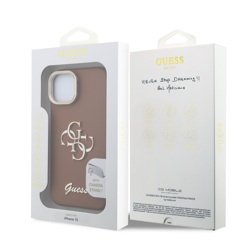 Guess PU szemcsés 4G Logo Stand Kamera keret hátlapi borító iPhone 15-hez Barna barna