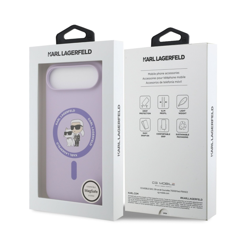Karl Lagerfeld folyékony szilikon Karl és Choupette MagSafe hátlap iPhone 17 Air lila színű iPhone 17 Airhez