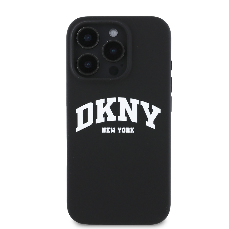 DKNY Liquid Silicone Arch Logo MagSafe hátlapi borító iPhone 16 Pro-hoz Fekete