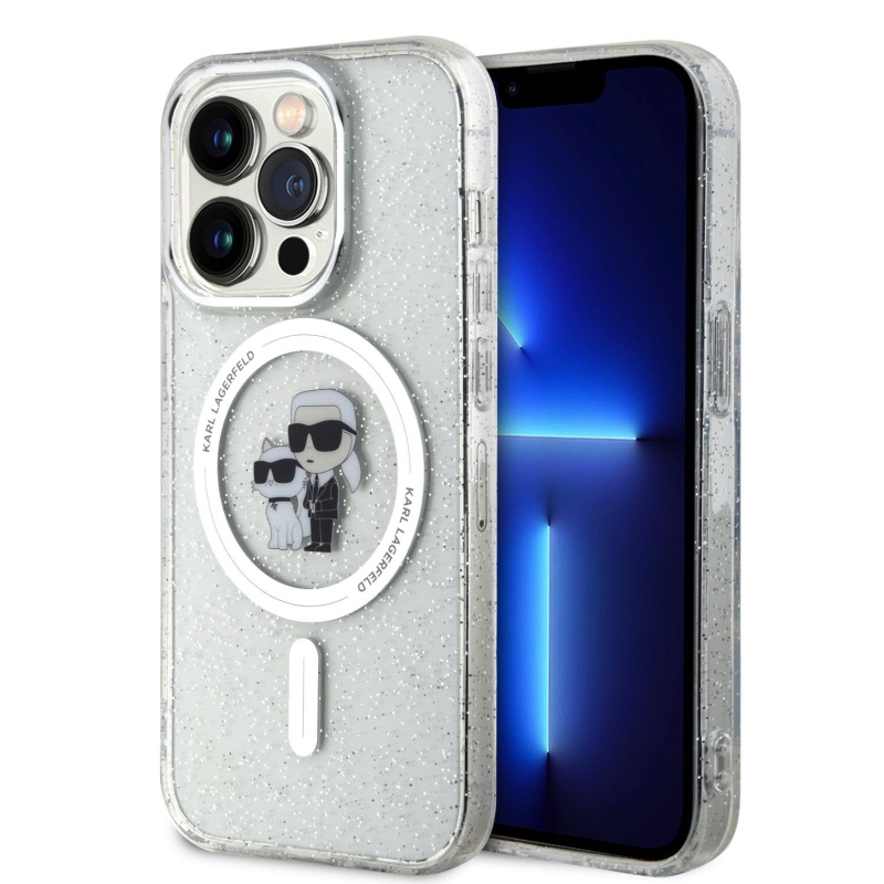 Karl Lagerfeld IML Glitter Karl és Choupette MagSafe MagSafe hátlap iPhone 15 Pro-hoz Átlátszó