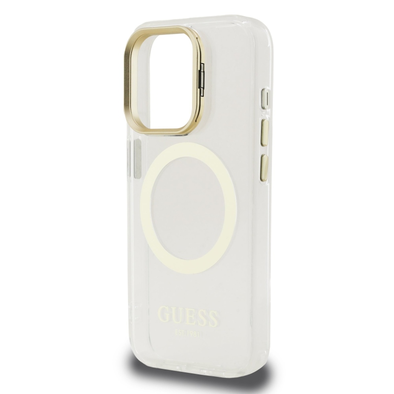 Guess IML Gold Outline Stand Kamera keret MagSafe hátlapi borító iPhone 15 Pro Max átlátszóhoz