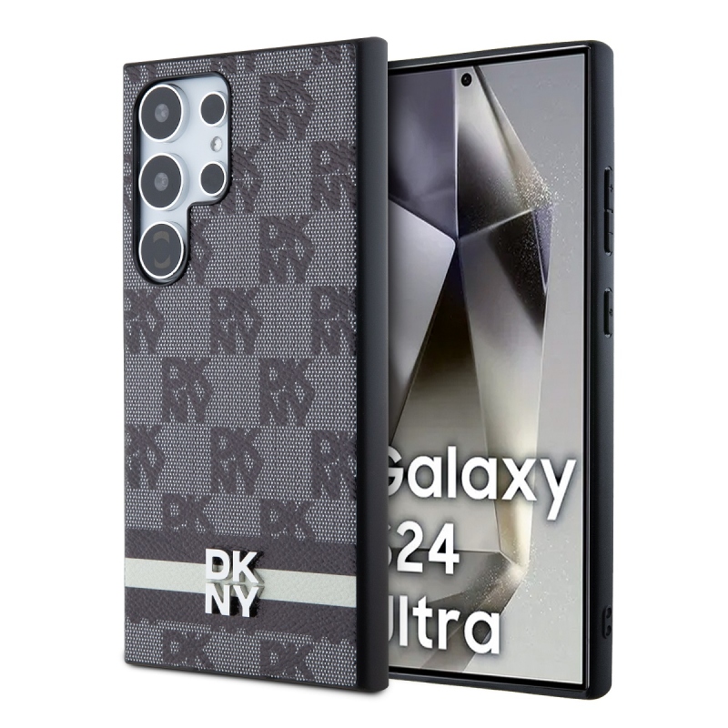 DKNY PU bőr kockás mintás és csíkos hátlapi borító Samsung Galaxy S24 Ultra fekete