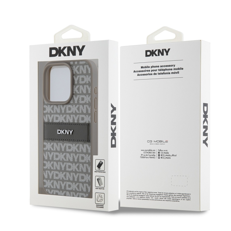 DKNY PU bőr ismétlődő mintás tonális csíkos hátlapi borító iPhone 14 Pro bézs színűhöz