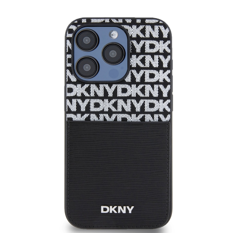 DKNY PU bőr Ismétlődő mintás kártya zseb hátsó borító iPhone 14 Pro Fekete