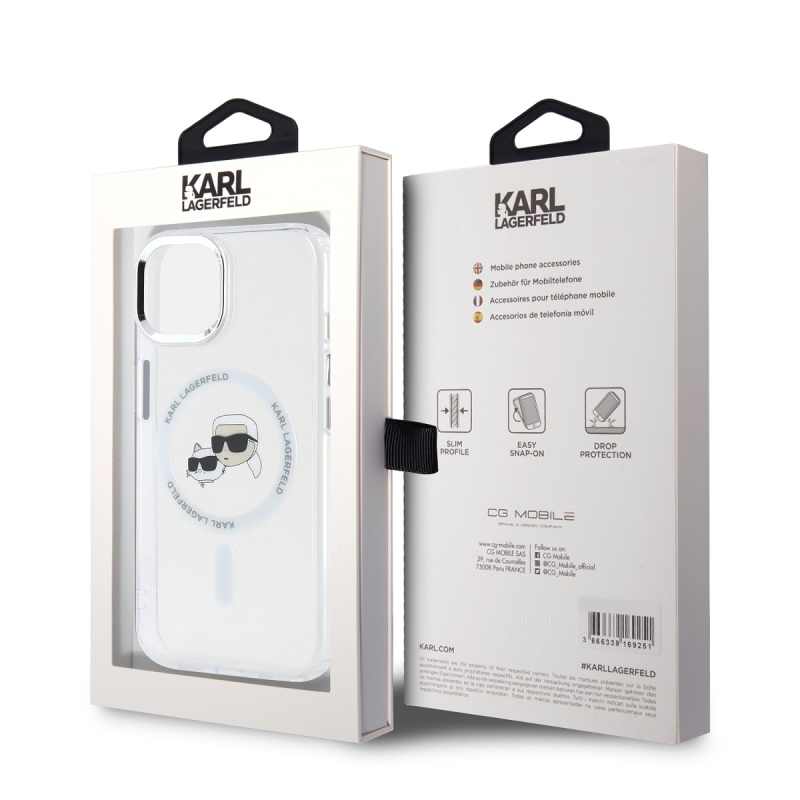 Karl Lagerfeld IML K&CH fejek fémkeret MagSafe hátlap iPhone 15 átlátszóhoz