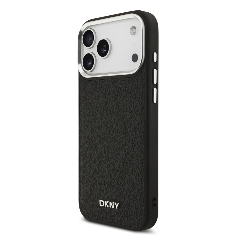 DKNY PU bőr fém logós csuklólánc MagSafe hátlap iPhone 17 Pro Max fekete színűre