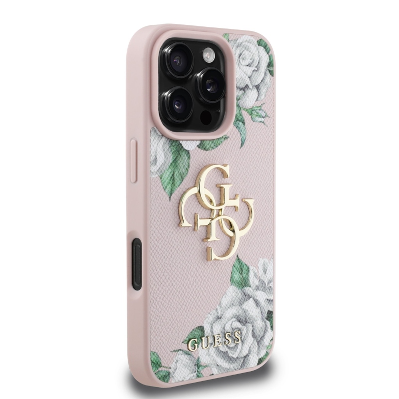 Guess PU szemcsés rózsák 4G fém logó hátlap iPhone 16 Pro rózsaszínhez