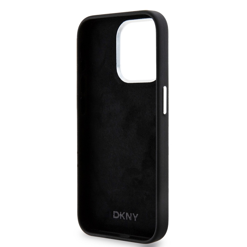 DKNY Liquid szilikon ezüst fém logó Magsafe hátlap iPhone 15 Pro Fekete