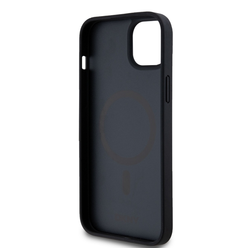 DKNY PU bőr Ismétlődő mintás Stack Logo Magsafe hátlap iPhone 13-hoz Fekete