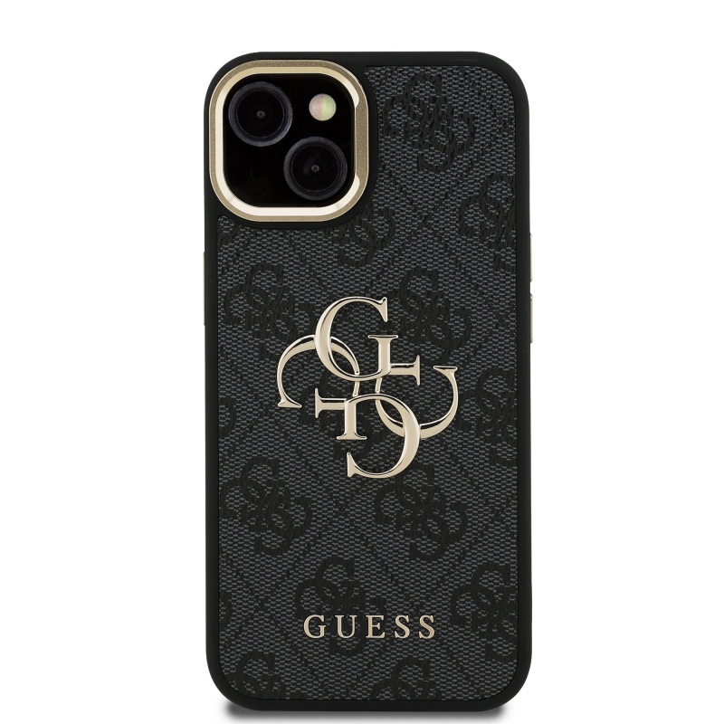 Guess PU 4G fém logó állvány kamera keret hátlapja iPhone 15 Fekete fekete