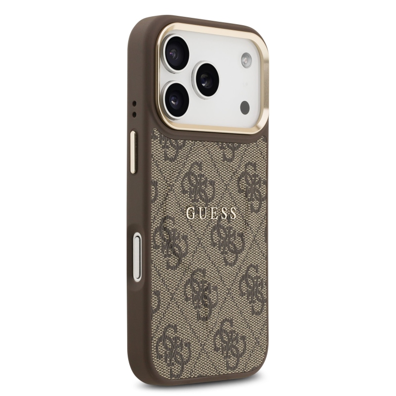 Guess PU bőr 4G aranykeret MagSafe hátlap iPhone 17 Pro barna színű borítóhoz