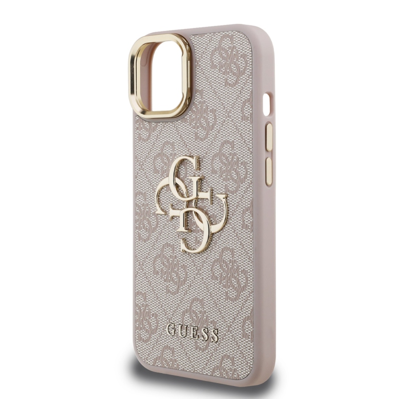 Guess PU 4G fém logó állvány kamera keret hátlap iPhone 15 rózsaszín
