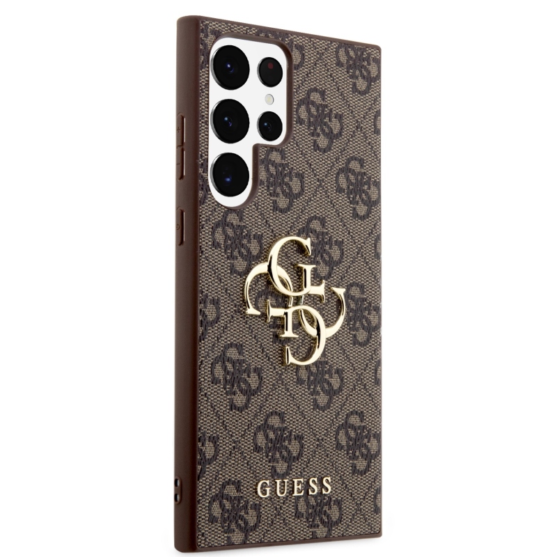 Guess PU 4G fém logós hátlap Samsung Galaxy S24 Ultra Brown számára