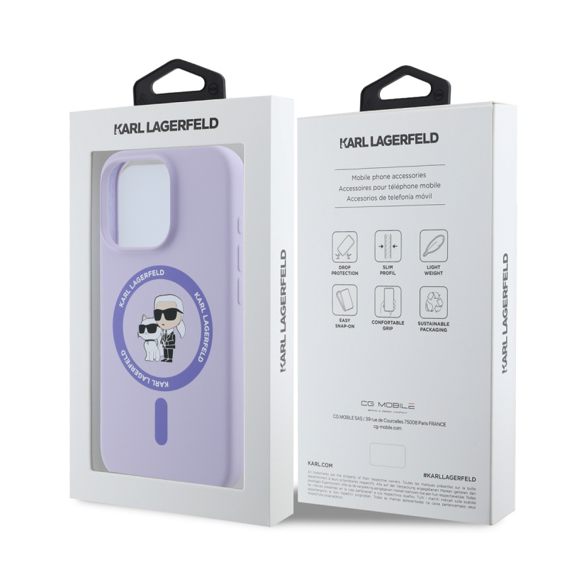 Karl Lagerfeld folyékony szilikon Karl és Choupette MagSafe hátlapi borító iPhone 16 Pro lila színhez