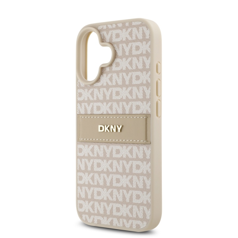 DKNY PU bőr ismétlődő mintás tonális csíkos hátlap iPhone 16 Plus rózsaszínű készülékhez
