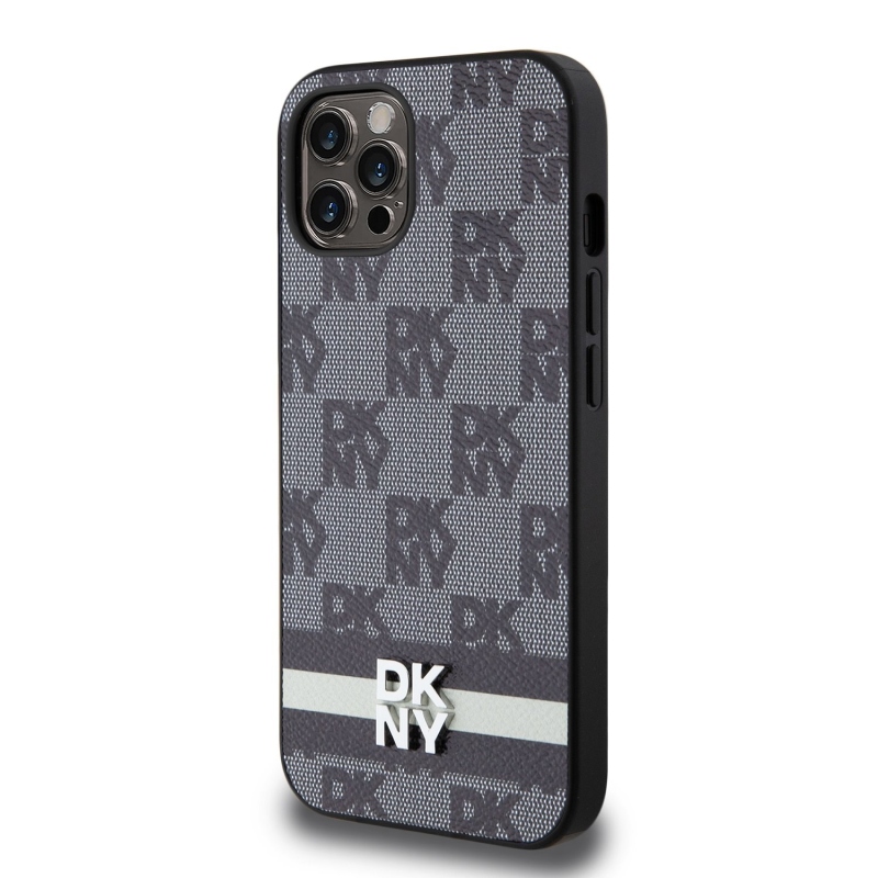 DKNY PU bőrből készült kockás mintás és csíkos hátlapi borító iPhone 12/12 Pro fekete színhez