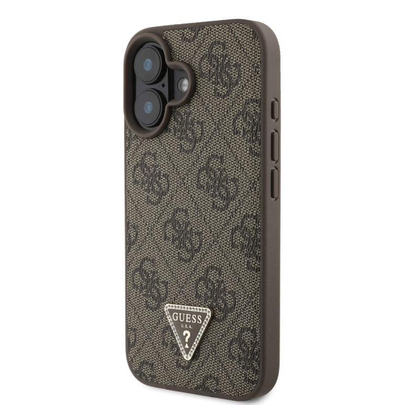 Guess PU 4G Strass háromszög fém logó hátlap + Keresztpánt iPhone 16 barna 16-hoz barna
