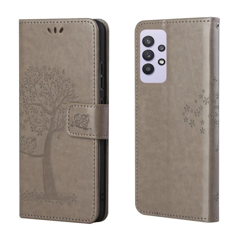 Tree PU bőr pénztárca tok Samsung Galaxy A32 4G - szürke