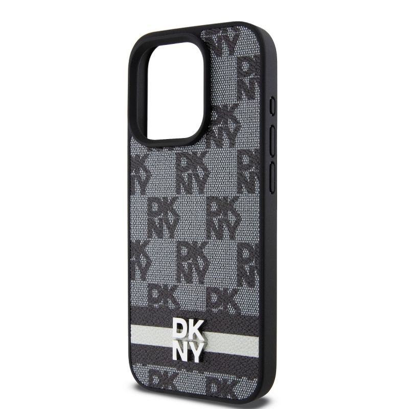 DKNY PU bőr kockás mintás és csíkos hátlapi borító iPhone 13 Pro Max-hoz Fekete